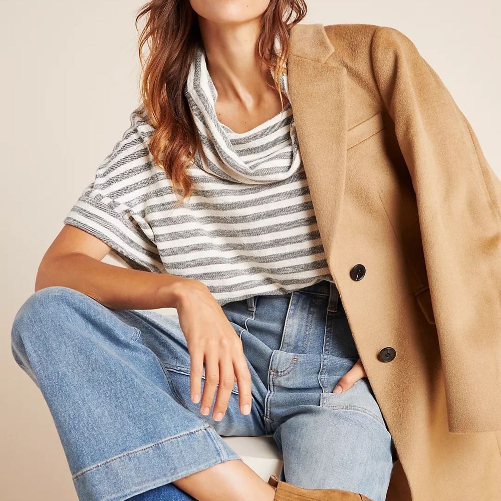 ANTHRO stripe Short-Sleeve Cowl Neck Sweater - Gray & Cream